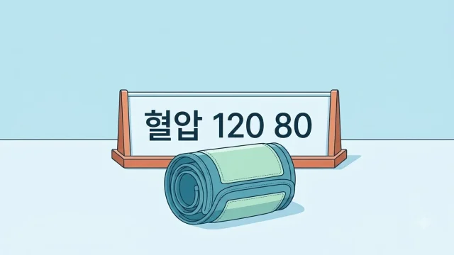 혈압 측정 커프와 국가검진 정상A 120/80 미만 기준 안내판 일러스트