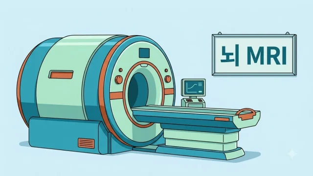 뇌 MRI 검사를 상징하는 MRI 촬영 장비와 뇌 MRI 안내판 일러스트