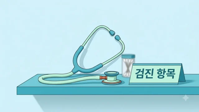 국가건강검진 항목을 상징하는 청진기와 검진 안내 표지 일러스트