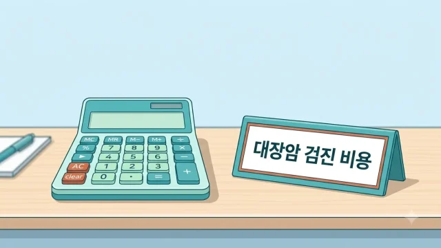 대장암 검진 비용을 상징하는 계산기와 비용 안내판 일러스트