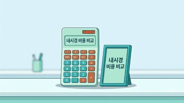 내시경 비용 비교를 보여주는 계산기와 비용 안내판 일러스트