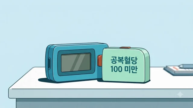 공복혈당 정상A 100mg/dL 미만 기준을 보여주는 혈당측정기 일러스트
