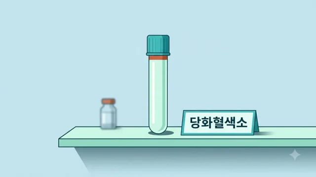 당화혈색소 검사를 상징하는 혈액 검체 시험관과 당화혈색소 안내판 일러스트