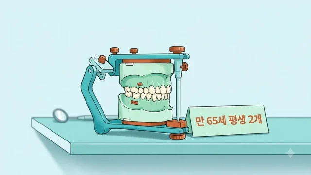 65세 이상 임플란트 급여를 상징하는 치아 모형과 평생 2개 안내판 일러스트