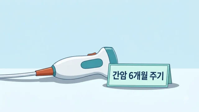 간암 국가검진의 6개월 주기를 상징하는 초음파 탐촉자와 안내판 일러스트