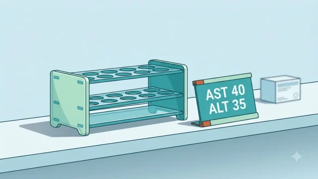 간기능 혈액검사를 상징하는 검체 랙과 AST·ALT 수치 안내판 일러스트