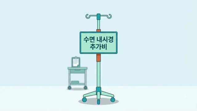 수면내시경 추가비용을 상징하는 수액대와 진정관리 비용 안내판 일러스트