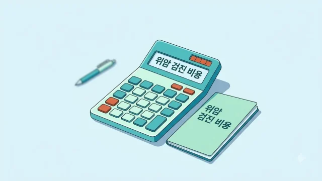 위암 검진 비용을 보여주는 계산기와 비용 안내 책자 일러스트