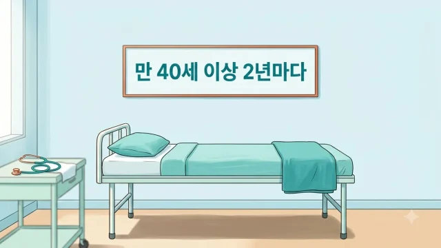 위암 국가검진의 40세 이상 2년 주기를 보여주는 검진실 안내 일러스트