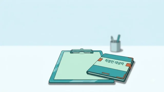 직장인 건강검진 대상 확인을 상징하는 클립보드와 직장인 대상자 안내 수첩 일러스트